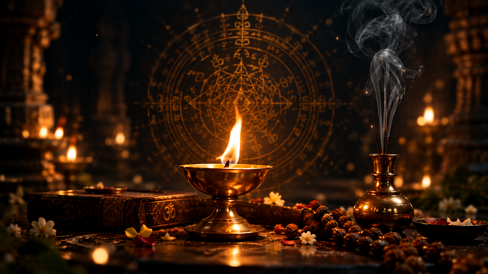 A sacred diya, ancient book and rudraksha mala